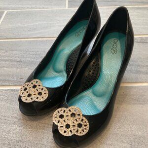 Oka-B Black Rhinestone Peep Toe Wedge (Size 7) Shoes